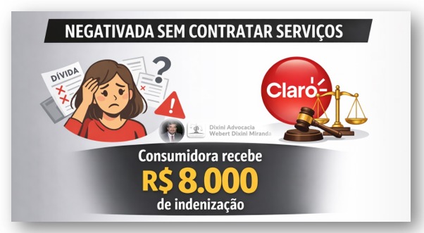 Consumidora será indenizada em R$ 8 mil após ter o nome negativado por serviços que nunca contratou.